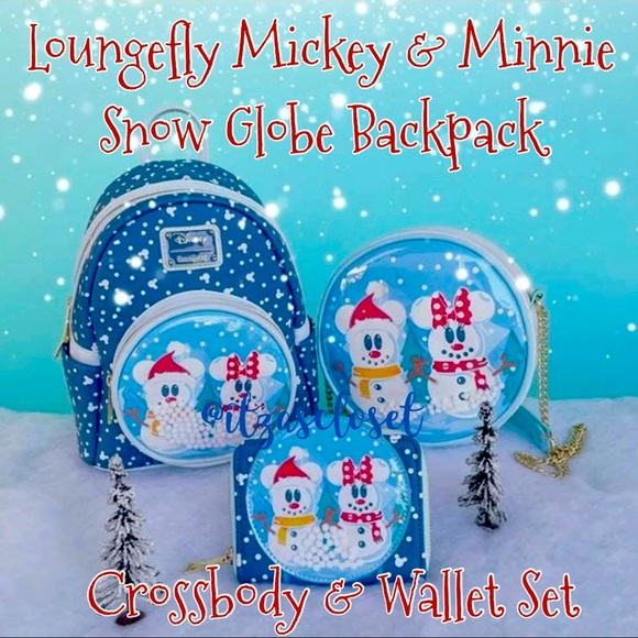 Loungefly Snowman Mickey & Minnie Snow Globe Backpack, Crossbody, & Wallet Set - Picture 1 of 16